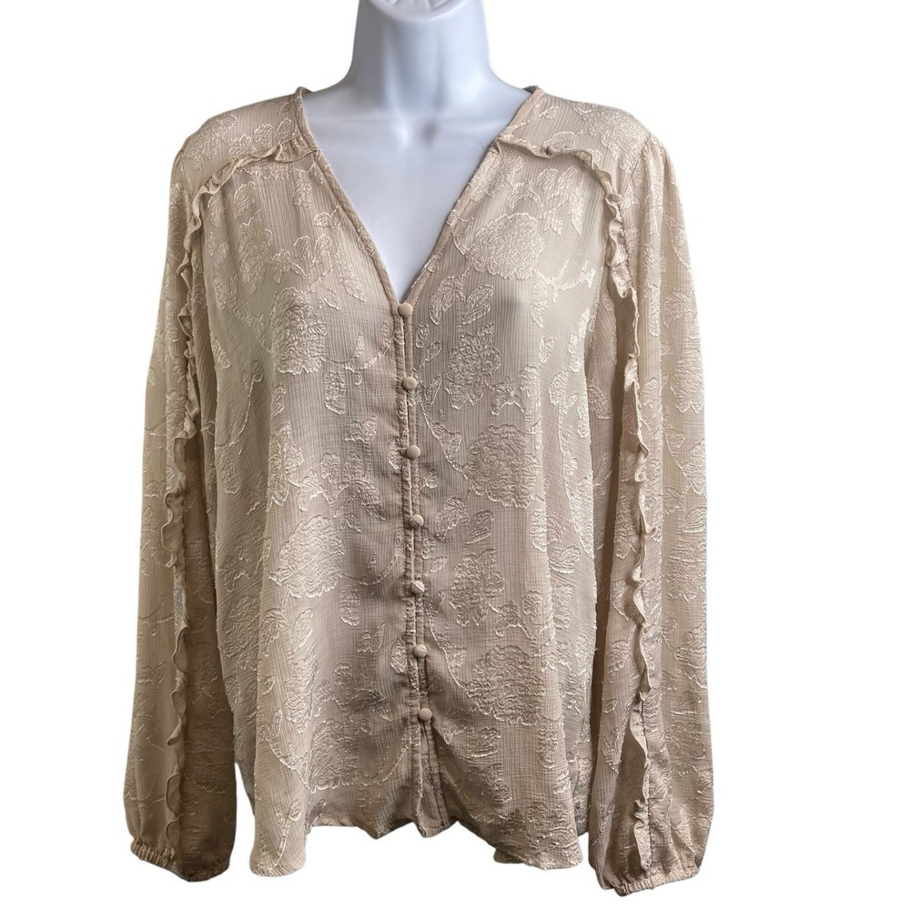 Haver + Blair Beige Jacquard Peasant Top L Ruffle Boho Chic Cottagecore Prairie